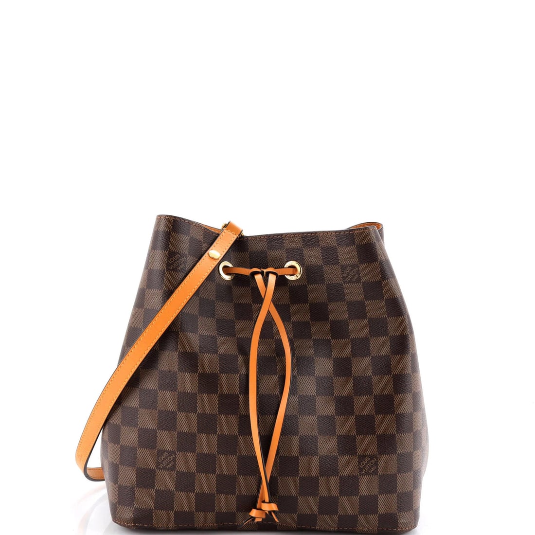 Damier leather handbag MM NeoNoe Louis Vuitton: Damier leather handbag MM NeoNoe Louis Vuitton The Louis Vuitton Damier leather handbag MM NeoNoe boasts a classic bucket style with minor creases and cracking on the exterior, adding a touch of worn