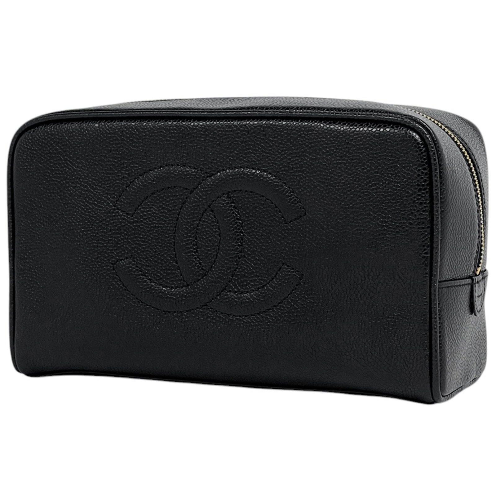 Chanel Pouch Grained Calfskin: Chanel Pouch Grained Calfskin Black Grained Calfskin Pouch from Chanel features a classic design with a small size and sturdy construction. The item has been used and shows traces of usage, including 