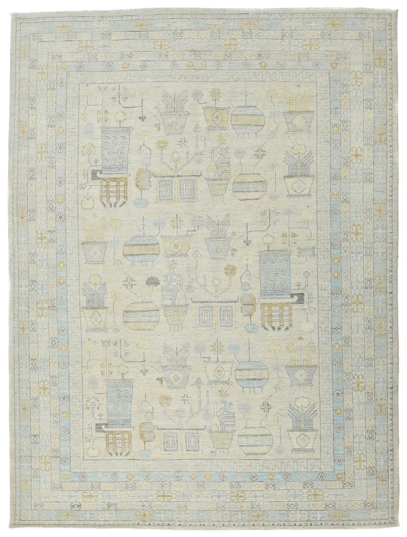 Oriental Rug Muted Floral Design Bedroom Carpet Handspun Wool Oushak 9x12 ft: Oriental Rug Muted Floral Design Bedroom Carpet Handspun Wool Oushak 9x12 ft Handspun wool Oushak rug features a muted floral design in beige and light blue hues. This all-natural, eco-friendly area r