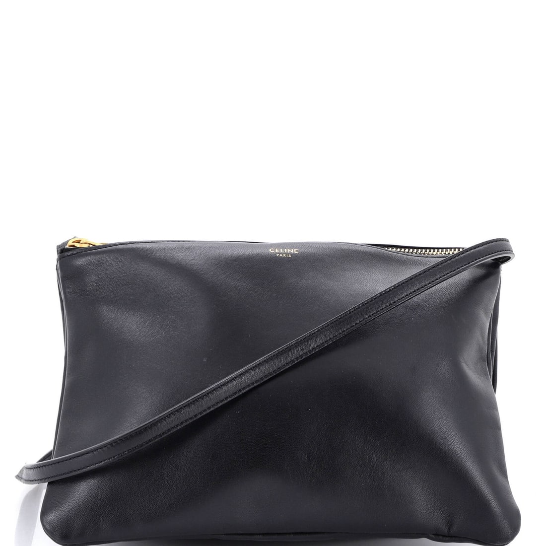 Strict rules apply: Strict rules apply The Celine Trio Crossbody Bag boasts sleek black leather exterior with a classic design, featuring a 7" height and 10" width. With its 23" strap drop and sturdy hardware, this large