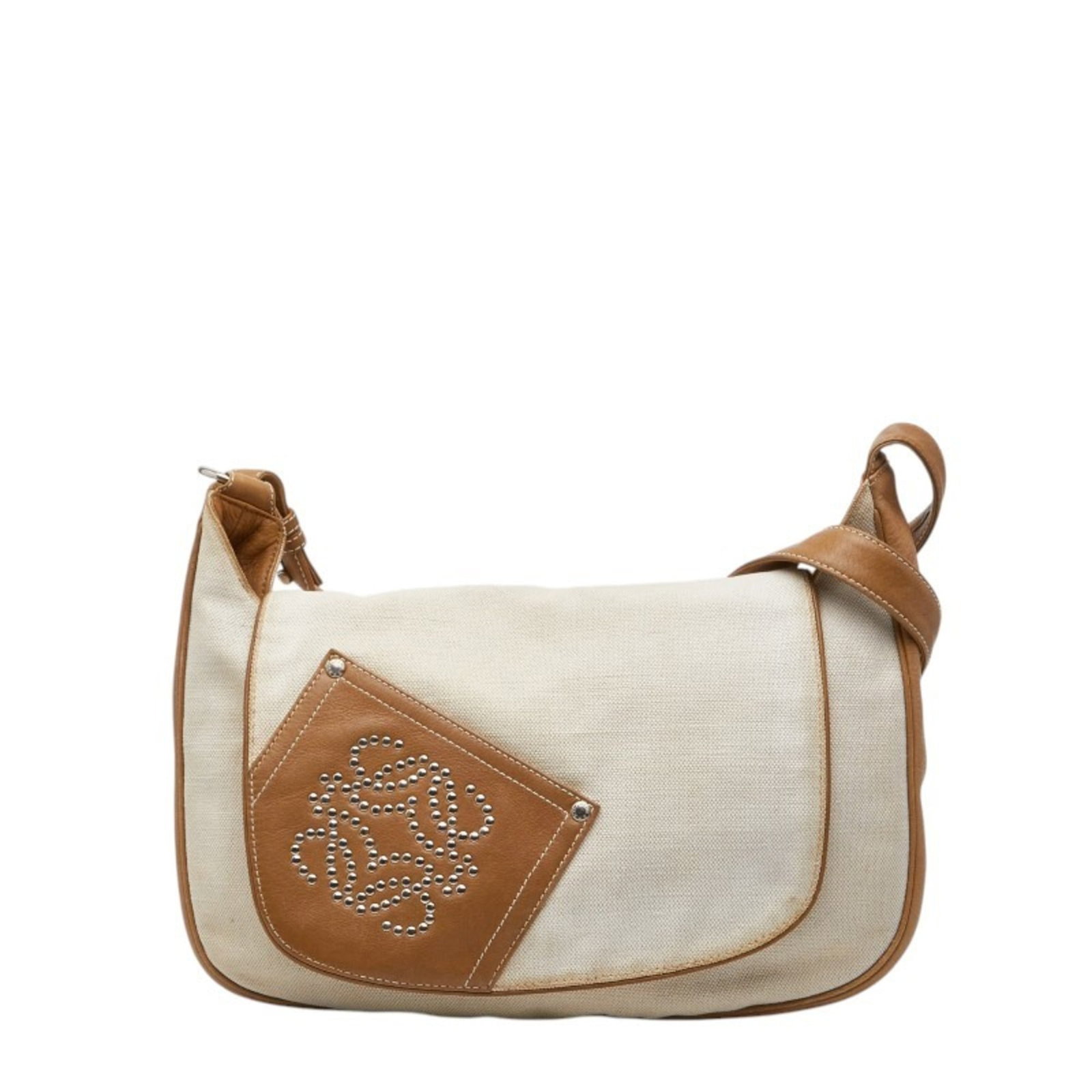 Loewe Shoulder Bag Canvas Leather: Loewe Shoulder Bag Canvas Leather Canvas and leather combine in this understated Loewe shoulder bag. The beige and white color scheme adds a touch of sophistication to its classic design. With its 23c