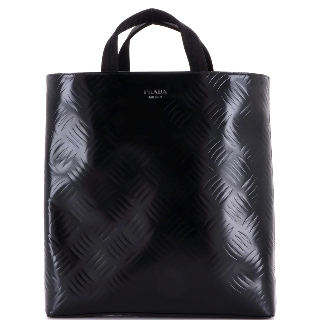 Vertical Diamond Spazzolato Leather Tote Shopper Medium: Vertical Diamond Spazzolato Leather Tote Shopper Medium The Prada Vertical Diamond Spazzolato Leather Tote Shopper Medium boasts sleek, black exterior with an embossed diamond pattern, adding a touch 