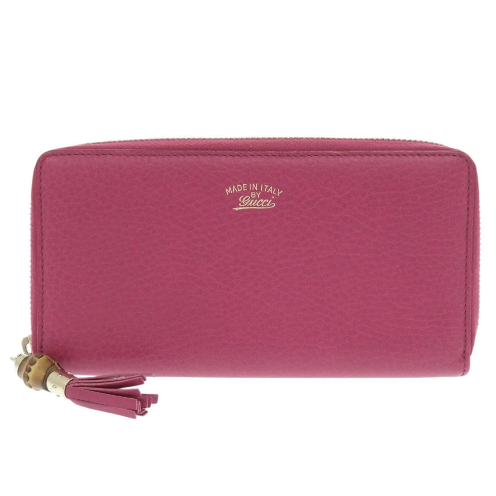 Gucci Long Wallet (Bi-Fold) Bamboo Leather: Gucci Long Wallet (Bi-Fold) Bamboo Leather The Gucci Long Wallet in Bamboo Leather boasts a striking pink hue and sleek design. With its spacious interior featuring bill slots, card slots, coin purse,