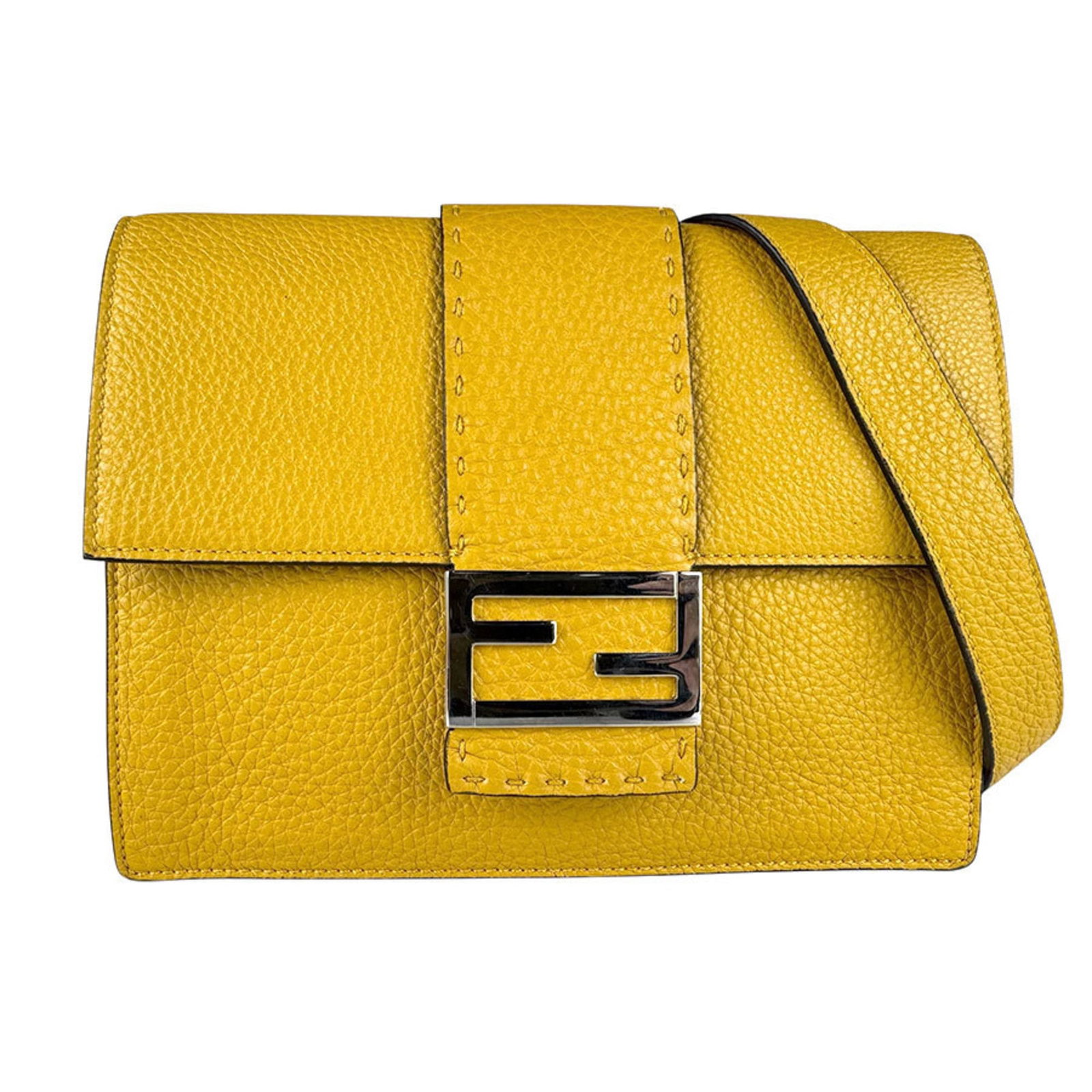 Fendi Shoulder Bag Leather: Fendi Shoulder Bag Leather This Fendi shoulder bag features high-quality leather in a vibrant yellow color. With its classic design and timeless style, this bag has been well-loved and shows signs of 