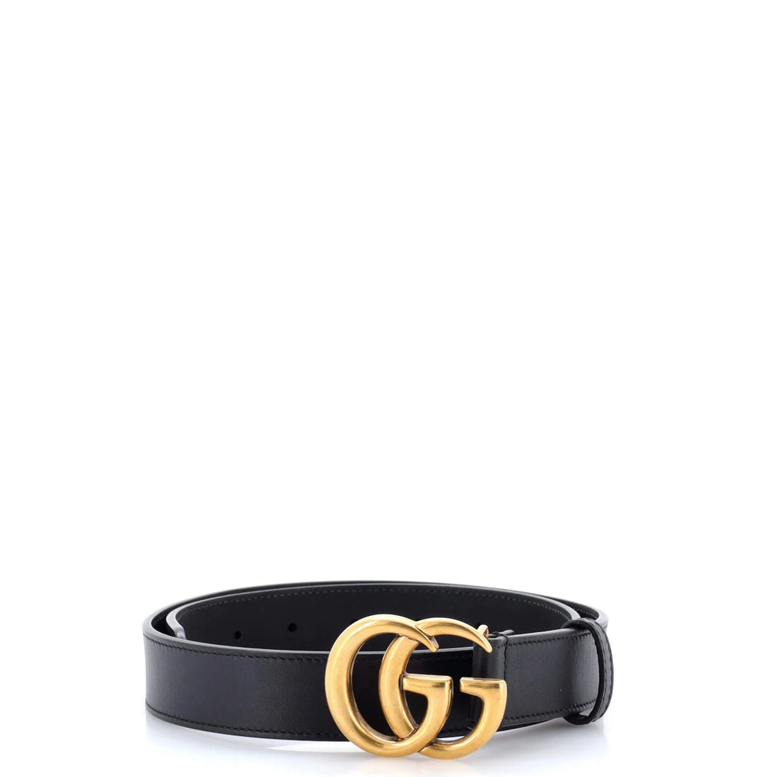 GG Marmont Leather Belt Medium Gucci: GG Marmont Leather Belt Medium Gucci Black GG Marmont Leather Belt in Medium size, featuring aged gold hardware and a classic design. The belt's exterior is made of high-quality leather with a subtle