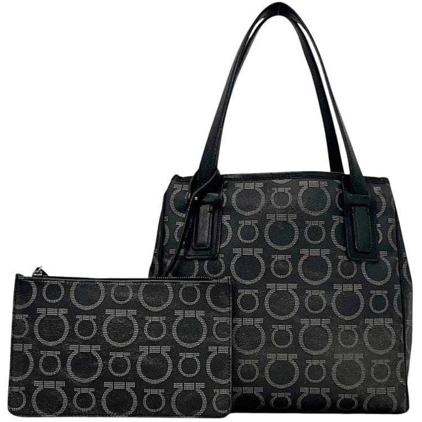 Salvatore Ferragamo Handbag Tote Bag Pvc Leather: Salvatore Ferragamo Handbag Tote Bag Pvc Leather The Salvatore Ferragamo handbag tote bag in black and silver features pvc leather construction with a classic design. With its durable material and