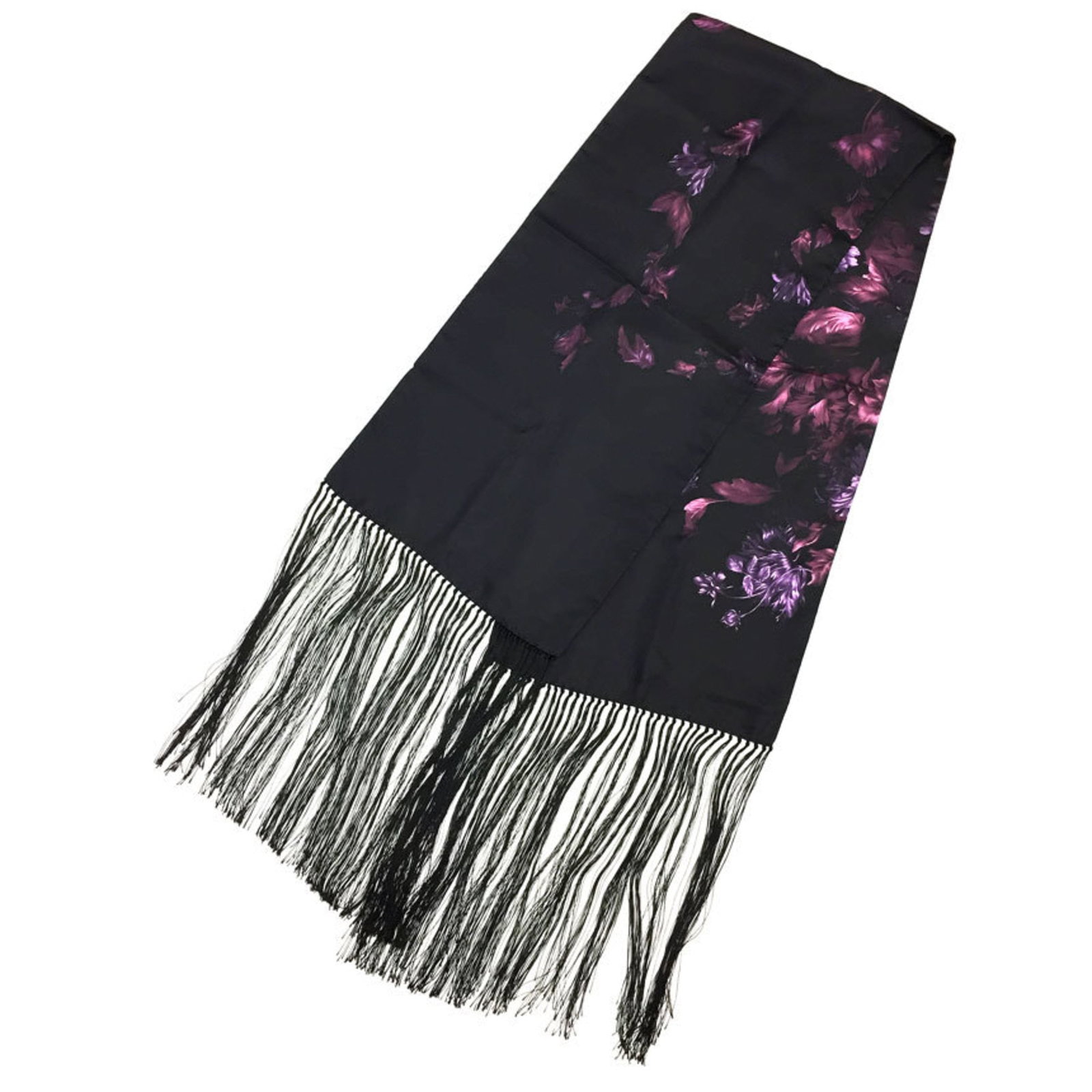 Gucci Stole Silk: Gucci Stole Silk Gucci stole silk in black and purple hues, measuring 1.9m x 29cm, boasts a luxurious silk material with some scratches and dirt visible. Used condition shows only minor signs of