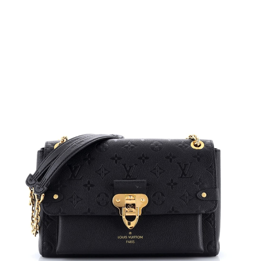 Handbag Monogram PM Leather Louis Vuitton: Handbag Monogram PM Leather Louis Vuitton Black leather Louis Vuitton PM monogram handbag with gold hardware and interior. The bag measures 7" tall, 10" wide, and 3" deep, with a 23" strap drop. It fe