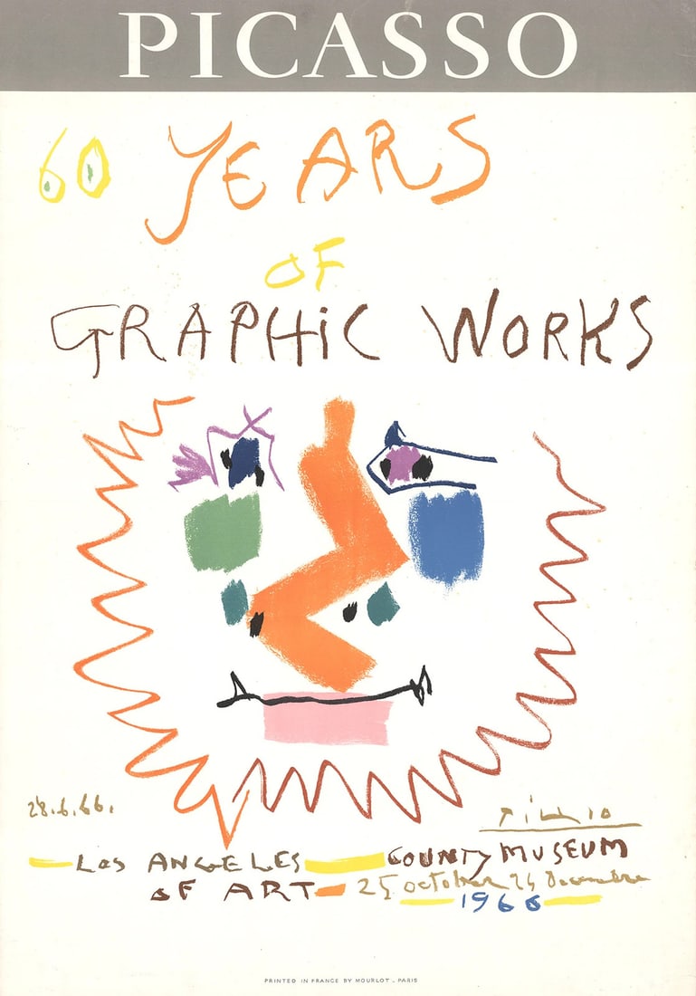 STRICT RULES apply to works by Picasso 60 years graphic 1966 mult cubist print: STRICT RULES apply to works by Picasso 60 years graphic 1966 mult cubist print The 1966 lithograph print "60 Years of Graphic Works" by Pablo Picasso measures 29 x 20.25 inches and features an abstrac
