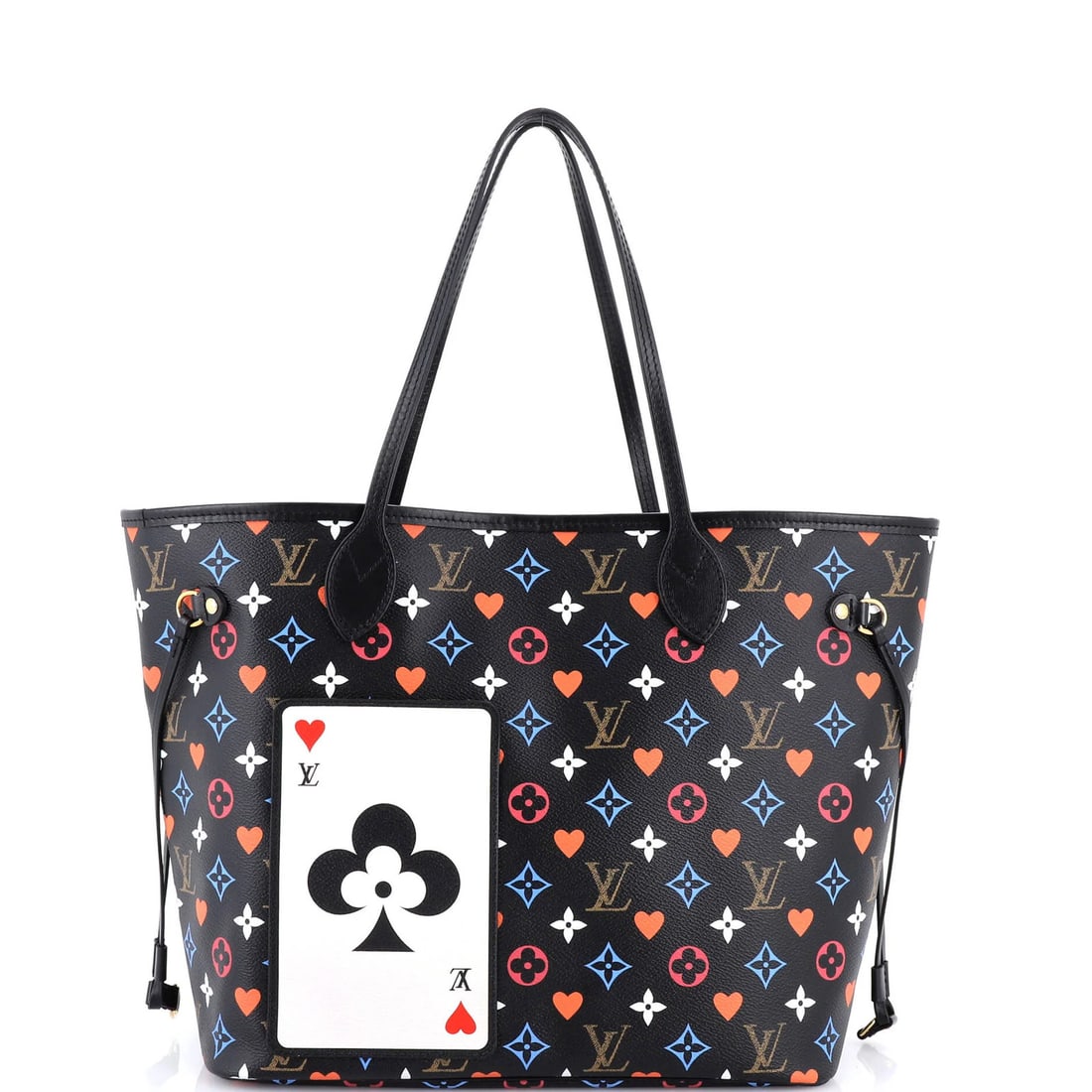 Limited edition multicolor monogram game tote: Limited edition multicolor monogram game tote Black canvas coated Louis Vuitton tote with multicolor monogram MM design. This limited edition Neverfull NM tote features gold hardware and microfiber in