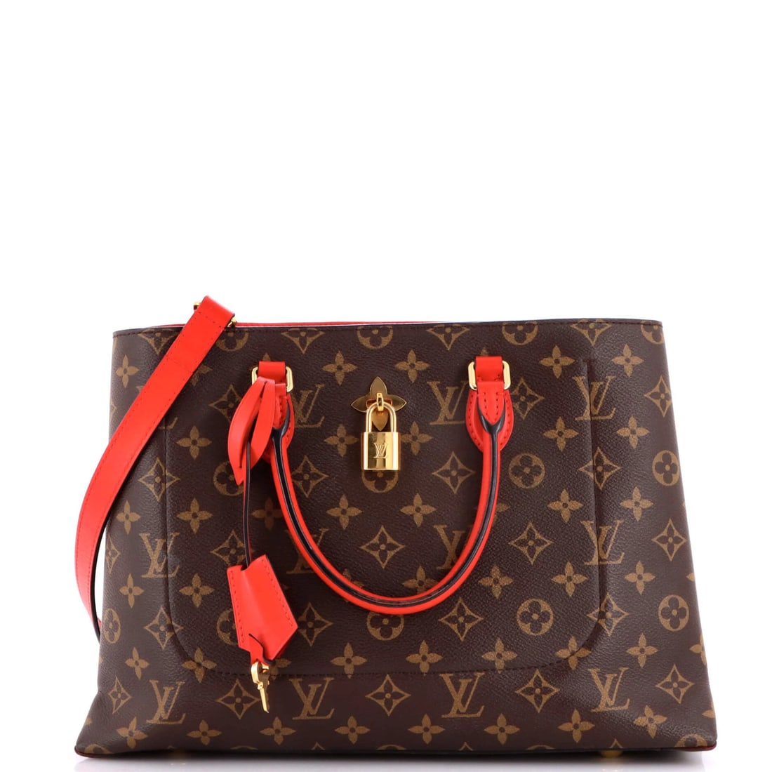 Monogram canvas with leather tote by Louis Vuitton: Monogram canvas with leather tote by Louis Vuitton This Louis Vuitton Flower Tote features a striking red exterior with monogram canvas and coated leather accents. The classic design boasts a spacious