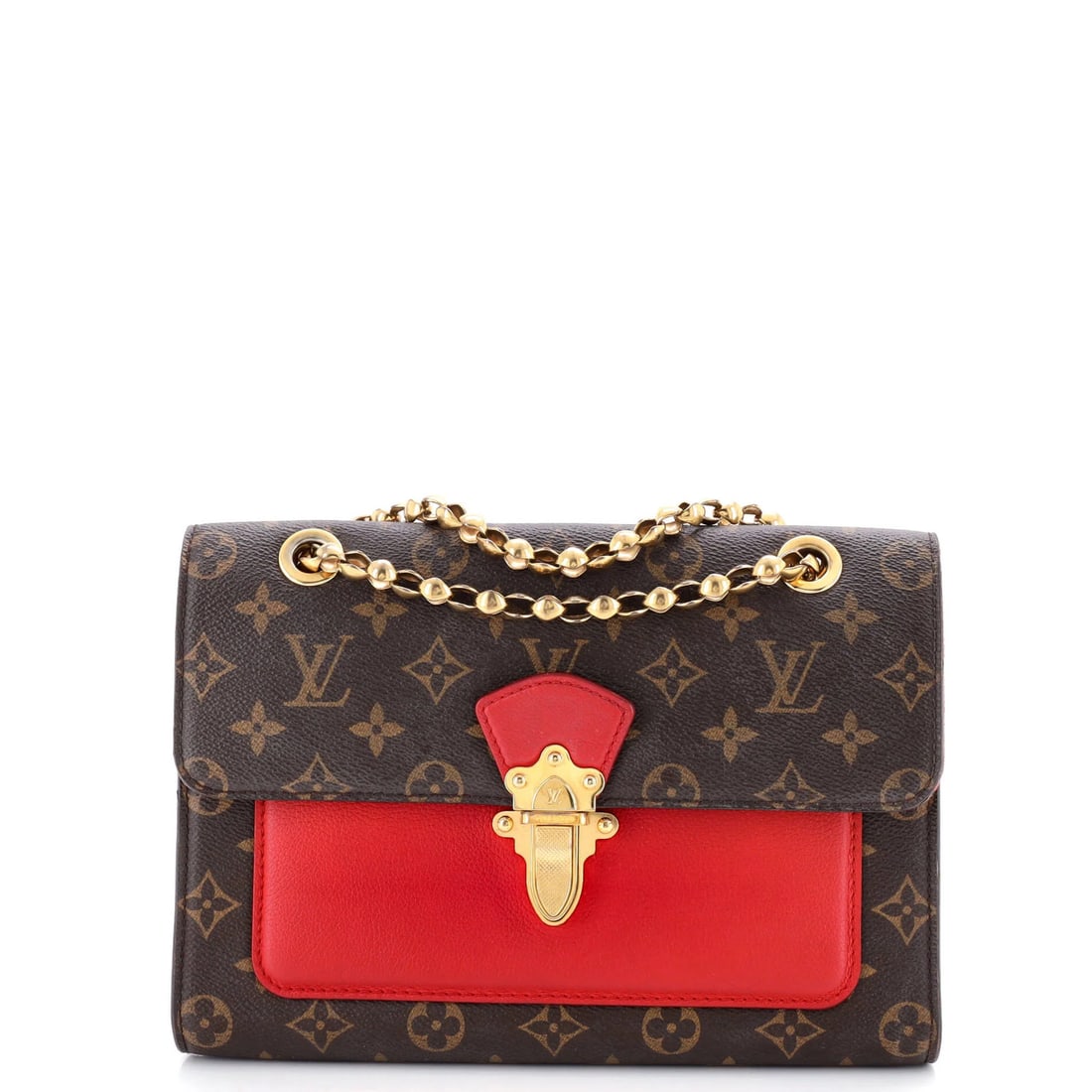 Monogram Canvas Leather Handbag Victoire Louis Vuitton: Monogram Canvas Leather Handbag Victoire Louis Vuitton The Victoire Louis Vuitton Monogram Canvas Leather Handbag boasts a striking red exterior with a unique blend of leather and canvas. Notable for 