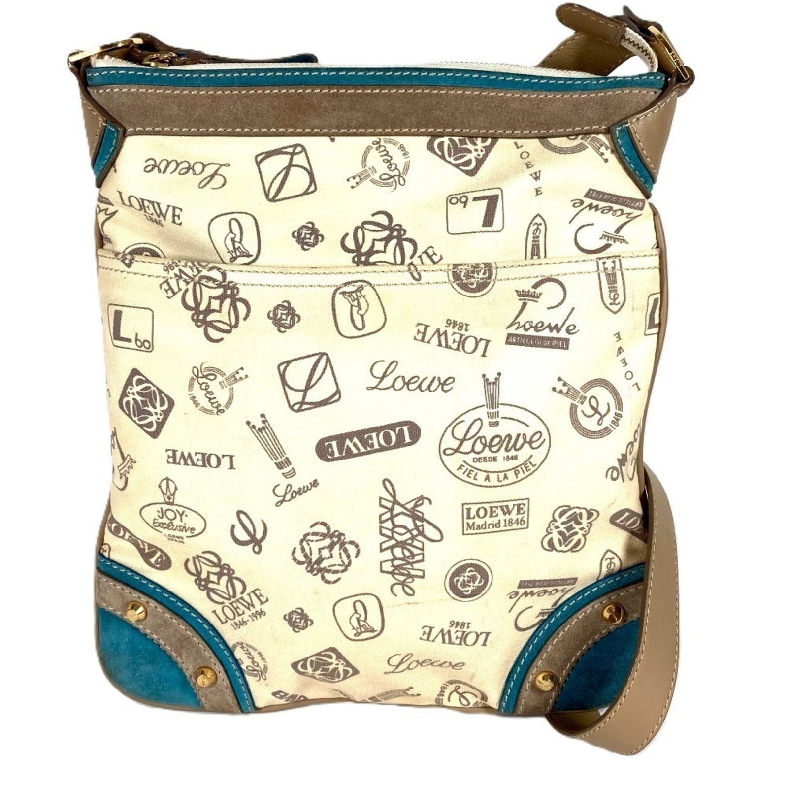 Loewe Shoulder Bag Canvas Leather: Loewe Shoulder Bag Canvas Leather Canvas and leather come together in this understated Loewe shoulder bag, featuring a classic design with subtle beige and blue hues. The canvas material provides a st