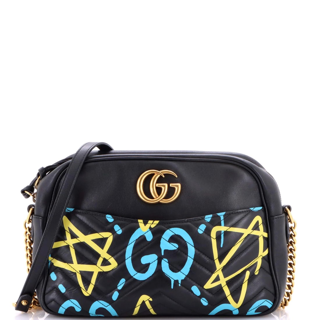 Gucci Ghost Matelasse Leather Medium Bag: Gucci Ghost Matelasse Leather Medium Bag The Gucci Ghost Matelasse Leather Medium Bag features a striking black exterior with heavy creases throughout and edge wear, giving it a unique, worn-in look. 