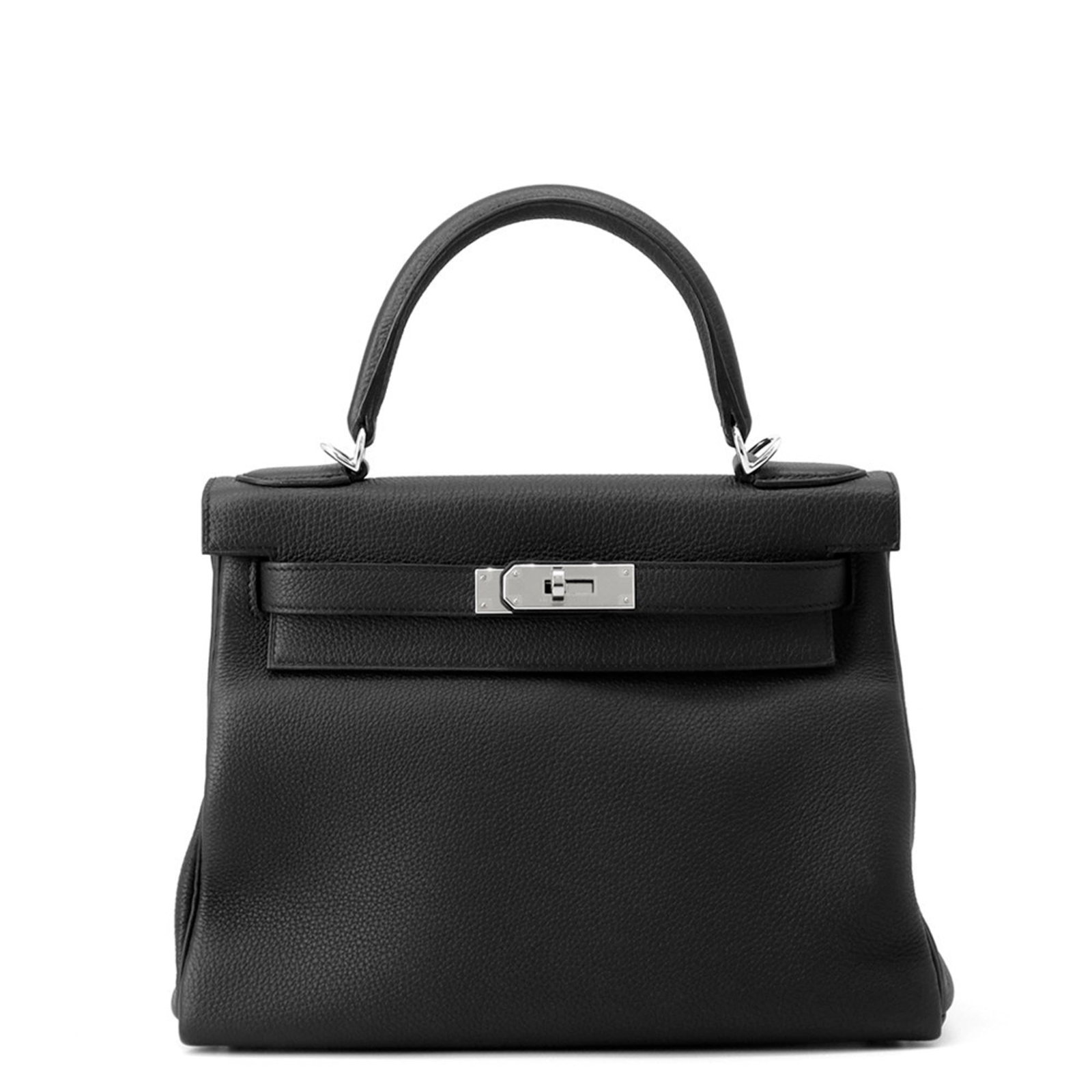 Hermes Handbag Togo Leather: Hermes Handbag Togo Leather Togo leather craftsmanship shines in this sleek black Hermes handbag. With its silver hardware and flap closure, this stylish piece boasts timeless elegance. Measuring