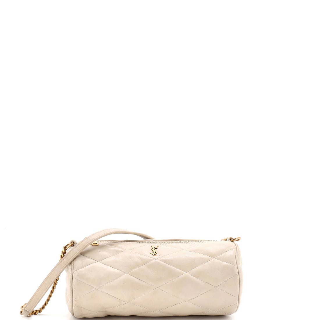Saint Laurent Sade tube bag quilted leather mini: Saint Laurent Sade tube bag quilted leather mini The Saint Laurent Sade tube bag quilted leather mini boasts a sleek, white exterior with heavy scuffs and edge wear, giving it a worn, effortlessly chi