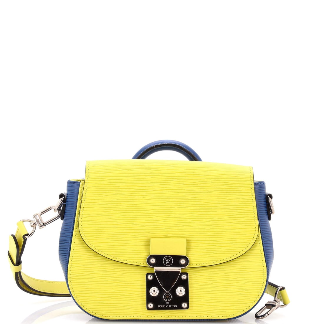 Epi Leather Louis Vuitton Handbag: Epi Leather Louis Vuitton Handbag The Epi Leather Louis Vuitton Handbag boasts a vibrant yellow exterior with minor scuffs and creases, adding a touch of wearability to its classic design. With a stur