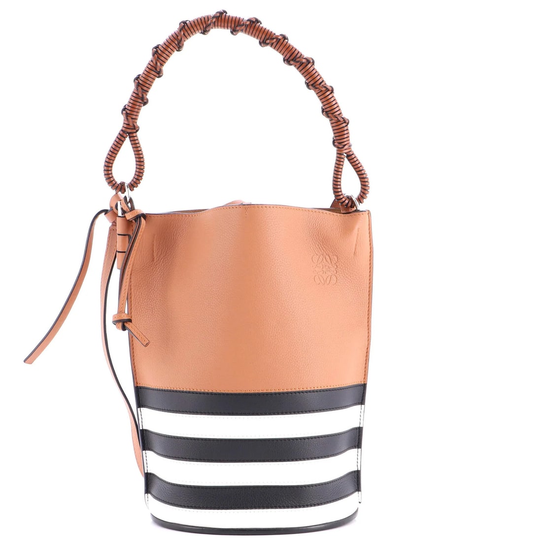 Strict Rules Apply to Use Only Original Title: Strict Rules Apply to Use Only Original Title This stunning Loewe bucket bag boasts rich brown leather exterior with sleek silver hardware and suede interior. Measuring 11" tall and 7" wide, its mediu