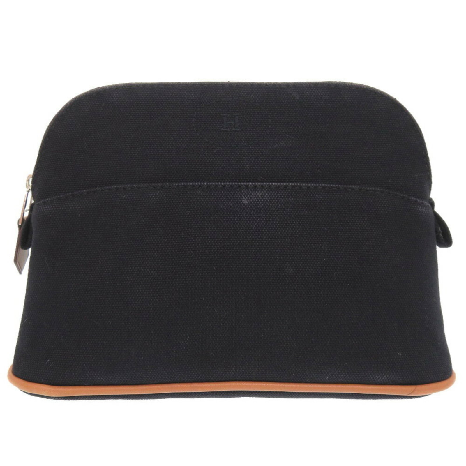 Hermes Pouch Canvas: Hermes Pouch Canvas This black canvas Hermes pouch features silver hardware and a zipper closure. With its classic design and timeless style, it's a versatile accessory for everyday use. Measuring 13c