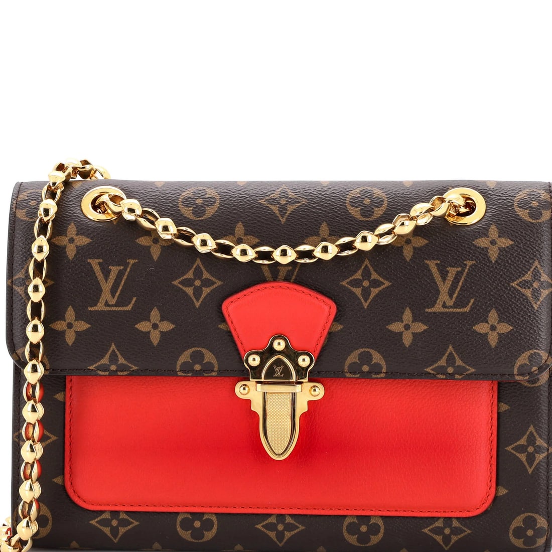 Monogram Canvas Leather Handbag Victoire Louis Vuitton: Monogram Canvas Leather Handbag Victoire Louis Vuitton Red Monogram Canvas and Leather Louis Vuitton Victoire Handbag with scuffed exterior, minor corner wear, and moderate odor inside. This shoulder 
