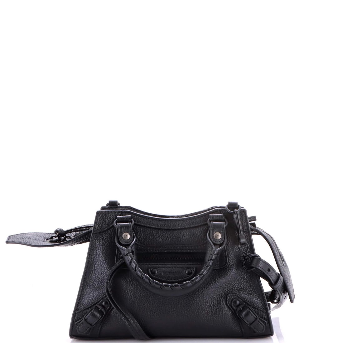 Mini leather bag city classic neo Balenciaga: Mini leather bag city classic neo Balenciaga The Mini Leather Bag City Classic Neo Balenciaga features sleek black leather exterior with minor scuffs and creases. This compact shoulder bag measures
