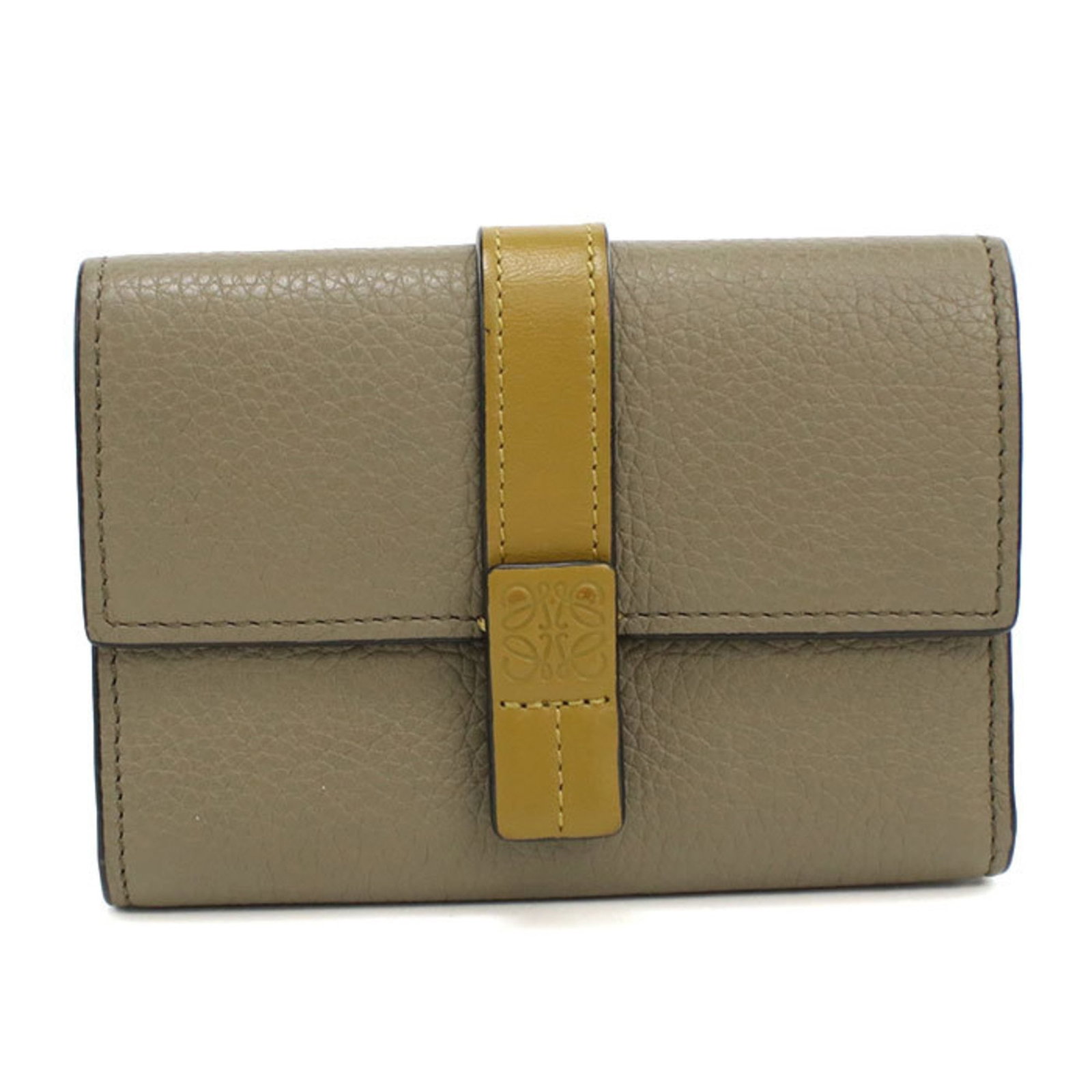 Loewe Wallet (Tri-Fold) Leather: Loewe Wallet (Tri-Fold) Leather This tri-fold Loewe wallet features high-quality calfskin leather in a classic khaki color. With its timeless design and durable construction, it remains a stylish