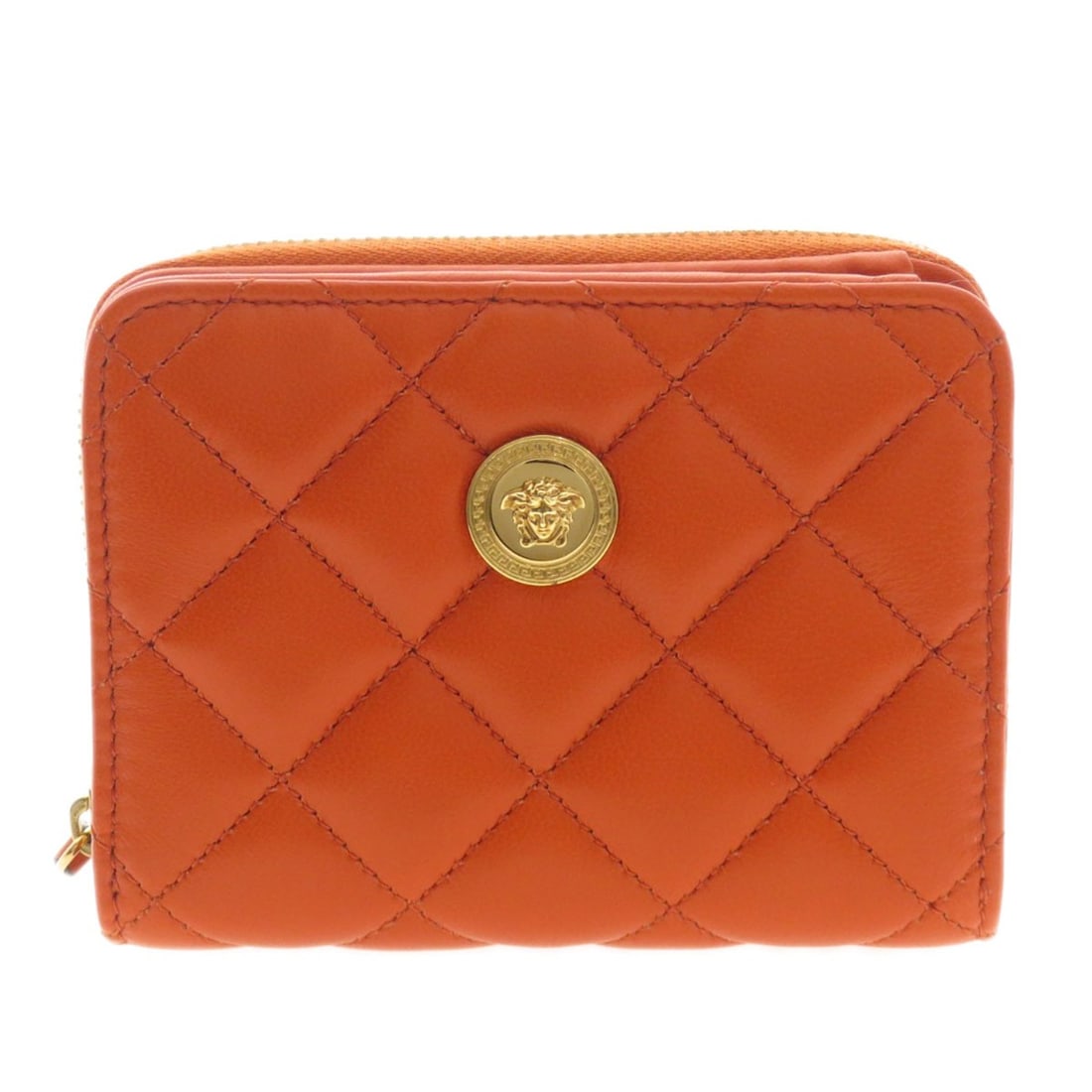 Strict rule: use only Versace logo hardware bifold wallet with coin pocket calf: Strict rule: use only Versace logo hardware bifold wallet with coin pocket calf This vibrant orange bifold wallet with coin pocket features striking Versace logo hardware, adding an eye-catching touch