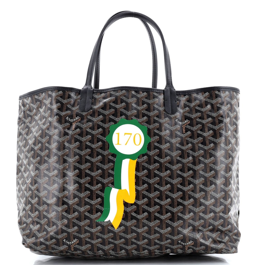 Saint Louis Tote Goyard Printed Coated Canvas PM: Saint Louis Tote Goyard Printed Coated Canvas PM Black Goyard Saint Louis Tote with printed coated canvas exterior and neutral interior. This classic tote features a silver hardware finish and measure