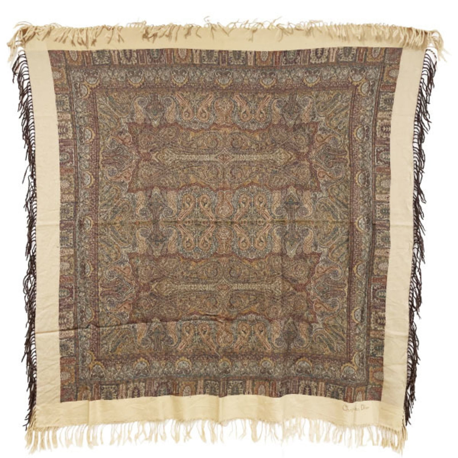 Christian Dior Shawl: Christian Dior Shawl This stunning Christian Dior shawl boasts a beautiful beige color and measures 1.3m x 1.34m in size, offering a unique accessory for any woman's wardrobe. With its multi-color des