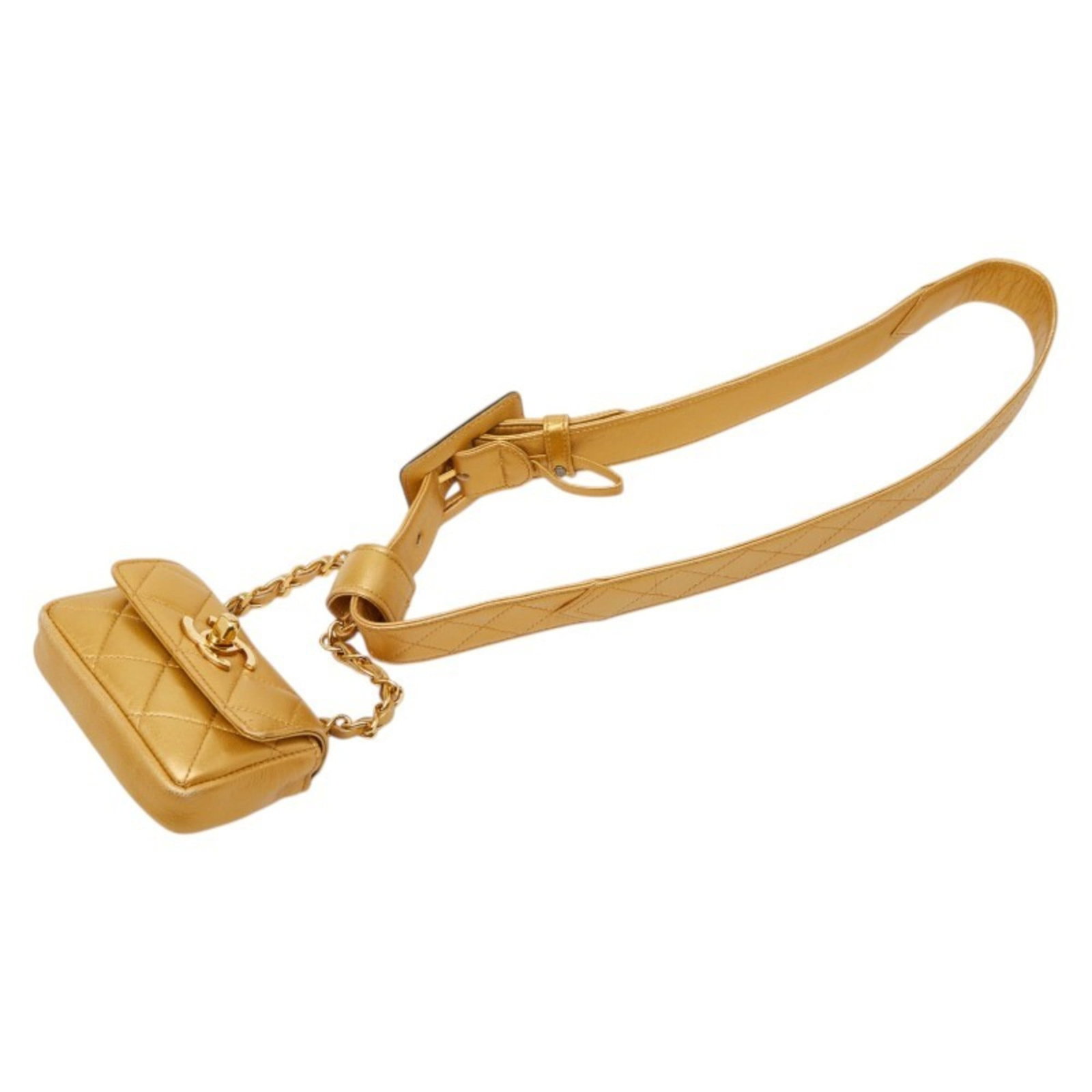 Chanel Fanny Pack Leather: Chanel Fanny Pack Leather This gold leather Chanel fanny pack has a classic design with a timeless appeal. With its original scratches and signs of usage, this item offers a unique glimpse into its pa