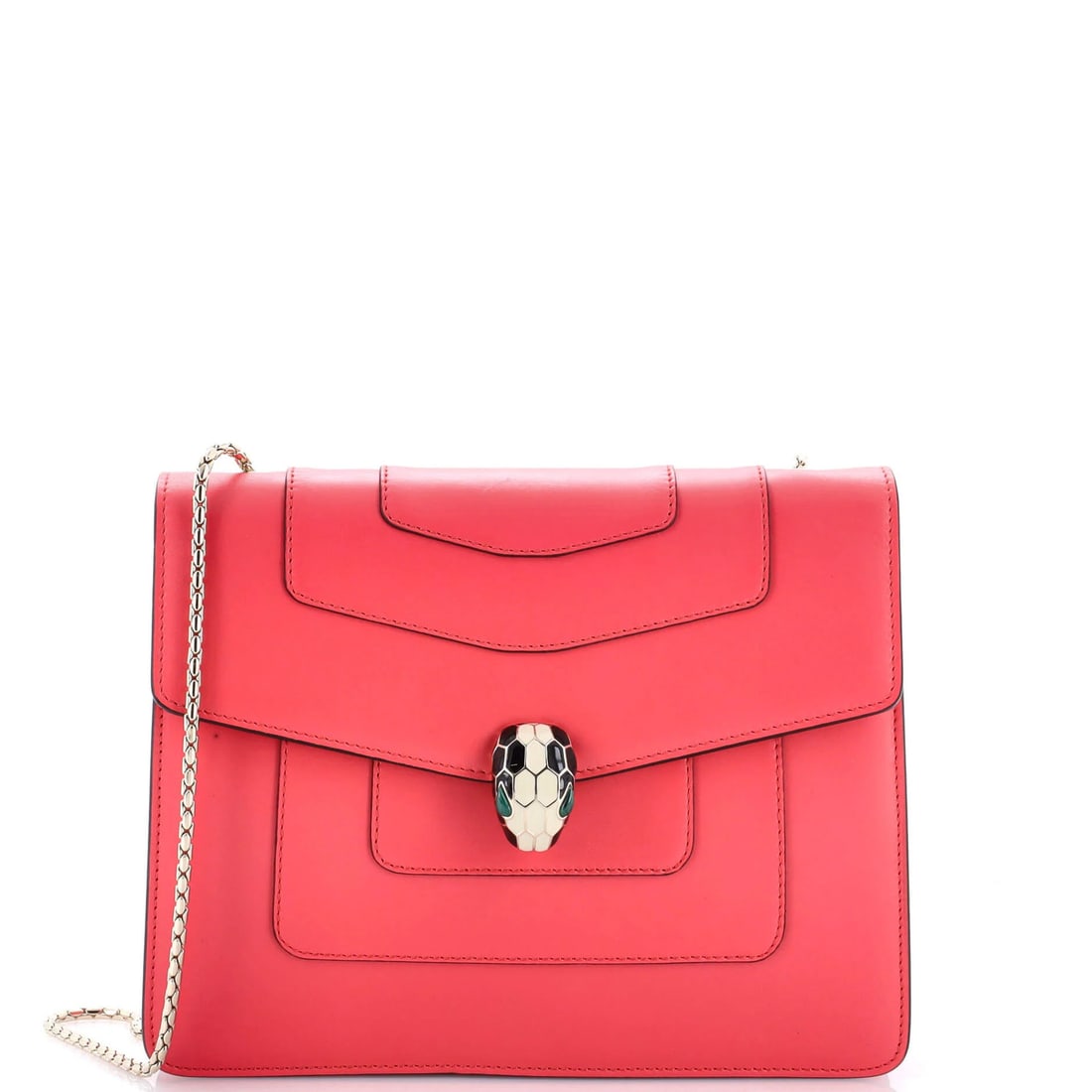 Bvlgari Serpenti Square Forever Leather Bag Medium: Bvlgari Serpenti Square Forever Leather Bag Medium The Bvlgari Serpenti Square Forever Leather Bag Medium boasts a striking pink exterior with gold tone hardware, adding a touch of elegance to any out