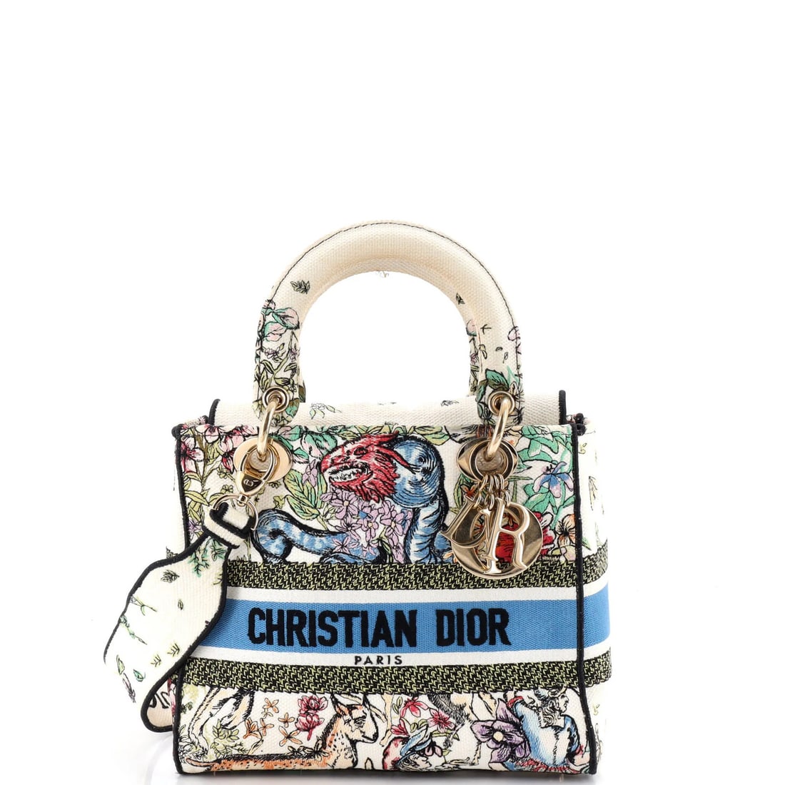 Lady D-Lite Bag Christian Dior Embroidered Medium Canvas: Lady D-Lite Bag Christian Dior Embroidered Medium Canvas The Lady D-Lite Bag from Christian Dior boasts an eye-catching embroidered canvas design in multicolor and white hues. This medium-sized bag fe
