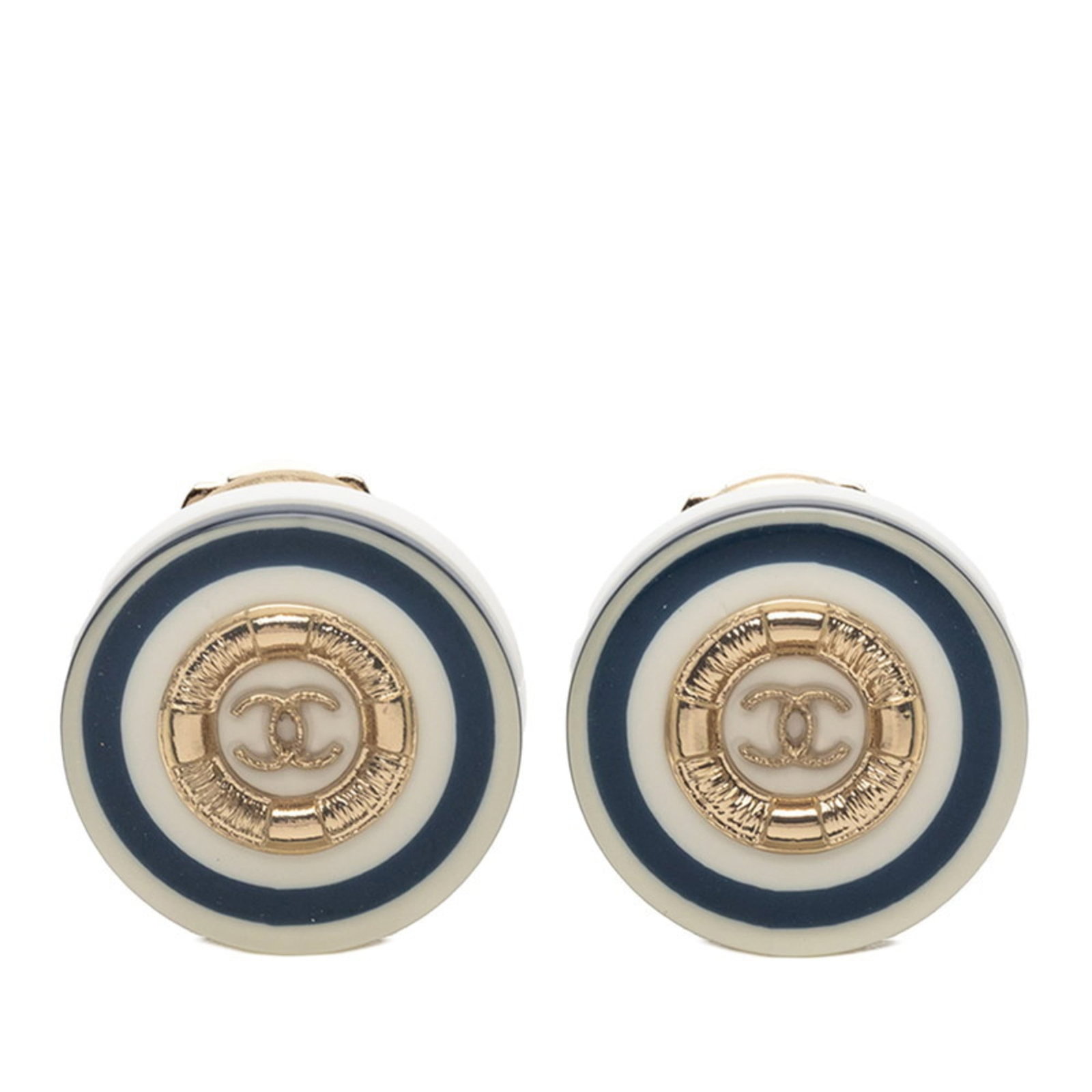 Chanel Clip Earrings Plastic: Chanel Clip Earrings Plastic Gold, Navy, and White Chanel Clip Earrings with Traces of Usage. Made from Plastic, these Classic Clip Earrings are available in three stylish colors. Measuring 17.90mm x 