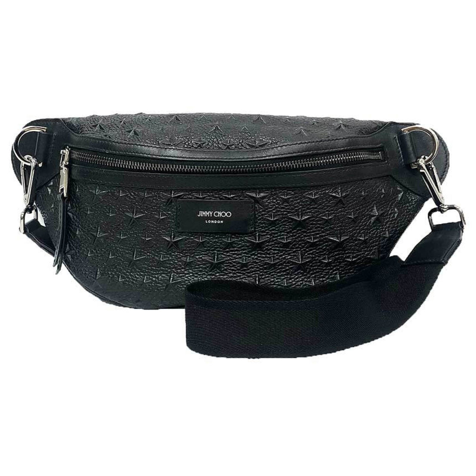 Jimmy Choo Fanny Pack Leather: Jimmy Choo Fanny Pack Leather Jimmy Choo's iconic fanny pack is crafted from rich leather, featuring a sleek black design with subtle scratches and scuffs that add to its worn-in charm. This versatile