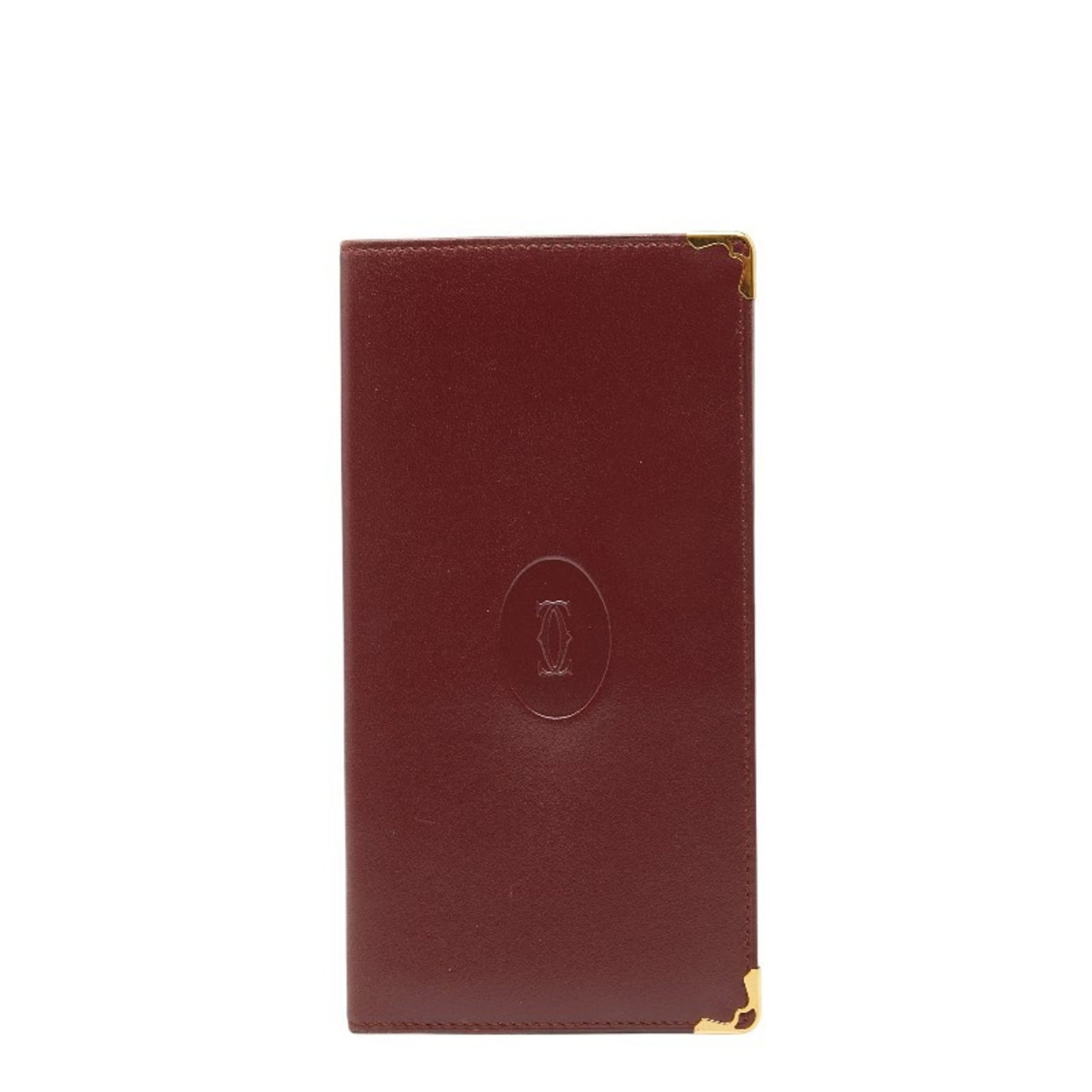 Cartier Long Bill Wallet (Bi-Fold) Leather: Cartier Long Bill Wallet (Bi-Fold) Leather Bordeaux leather Cartier Long Bill Wallet (Bi-Fold) offers a classic design with a touch of sophistication. With its bi-fold layout and rich, wine-red color,