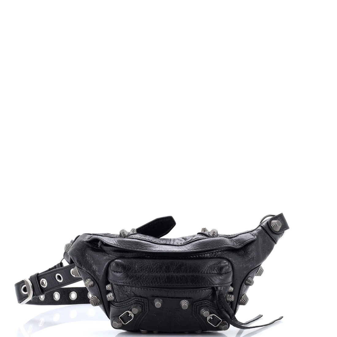 Leather Cagole Belt Bag Balenciaga: Leather Cagole Belt Bag Balenciaga The Balenciaga Le Cagole Belt Bag features a sleek black leather exterior with silver hardware, showcasing a classic belt bag design. With its unique size and propor