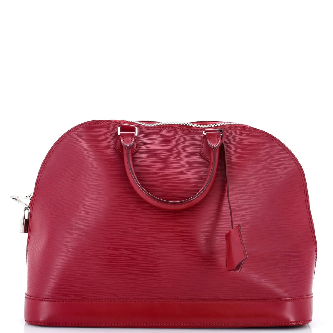 Louis Vuitton Epi Alma Leather GM: Louis Vuitton Epi Alma Leather GM The Louis Vuitton Epi Alma Leather GM features bold red exterior with heavy corner wear and minor scuffs. This stylish top handle handbag measures 11" tall, 15" wide,