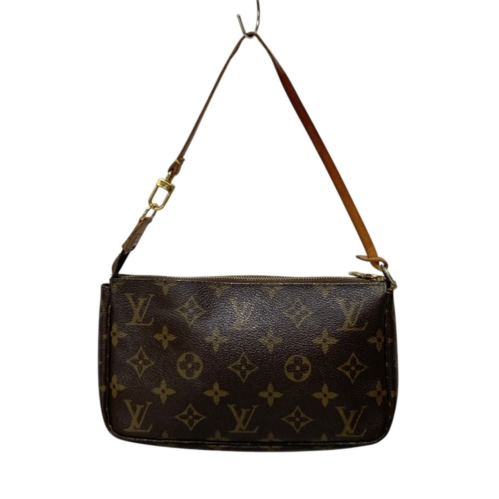 Louis Vuitton Pouch Monogram: Louis Vuitton Pouch Monogram Used Louis Vuitton Pouch Monogram in brown with a classic design. The pouch features the iconic monogram pattern and has a sturdy handle for carrying essentials. With some