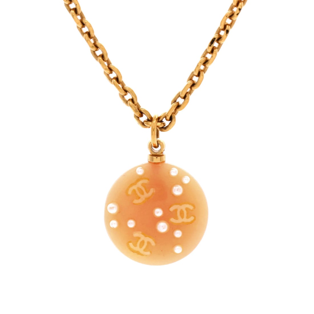 Multiple Round Pendant Metal with Chanel Necklace Resin Faux and Pearls: Multiple Round Pendant Metal with Chanel Necklace Resin Faux and Pearls Multiple round pendant metal with resin faux pearls and a classic Chanel necklace design. This gold-toned piece features a uniqu