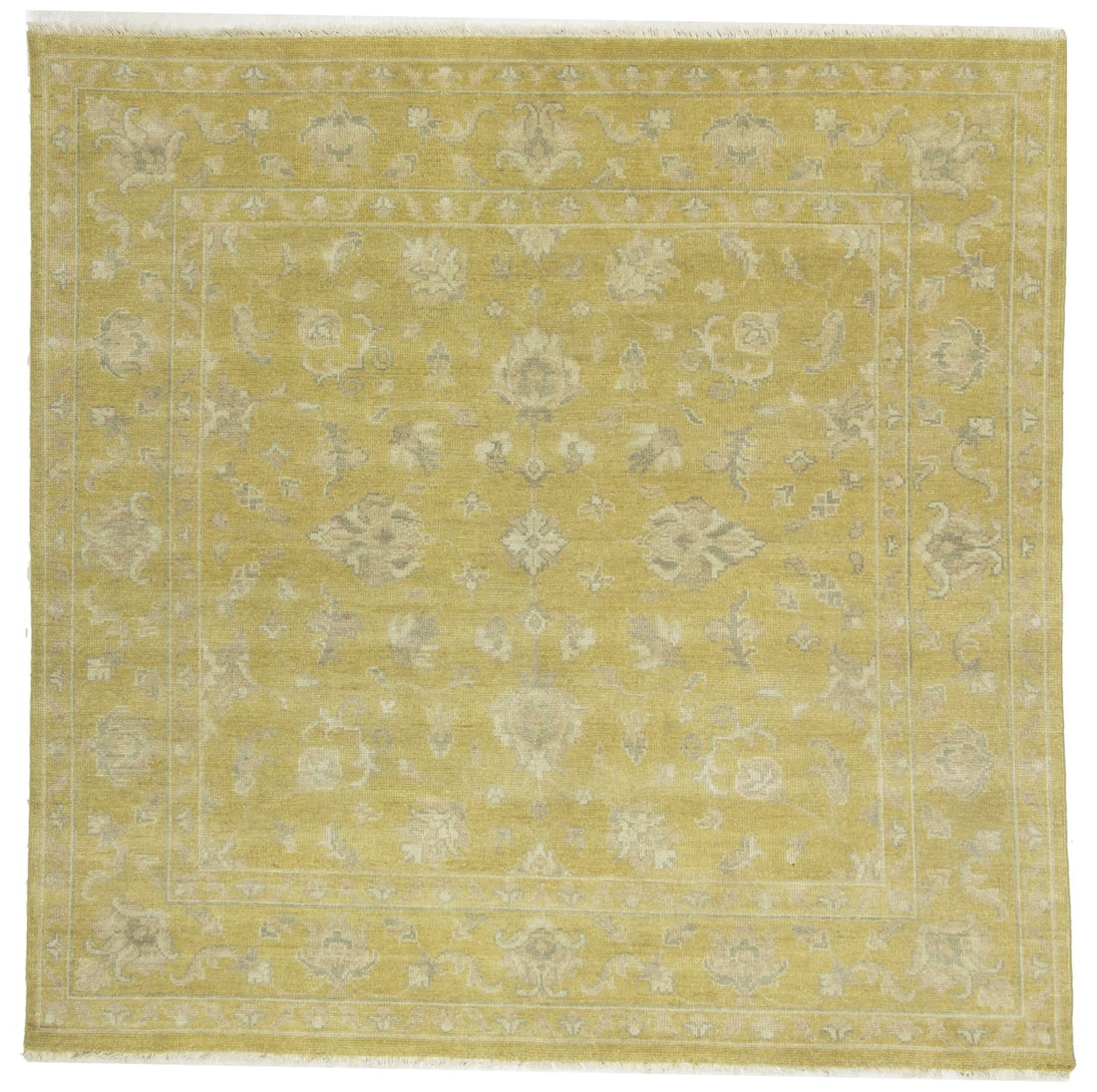 Rug Square Oriental Handmade Floral Wool Chobi Living Room 8ft: Rug Square Oriental Handmade Floral Wool Chobi Living Room 8ft Soft and vibrant, this hand-knotted Oriental rug features a stunning floral pattern in shades of golden yellow, beige, cream, light
