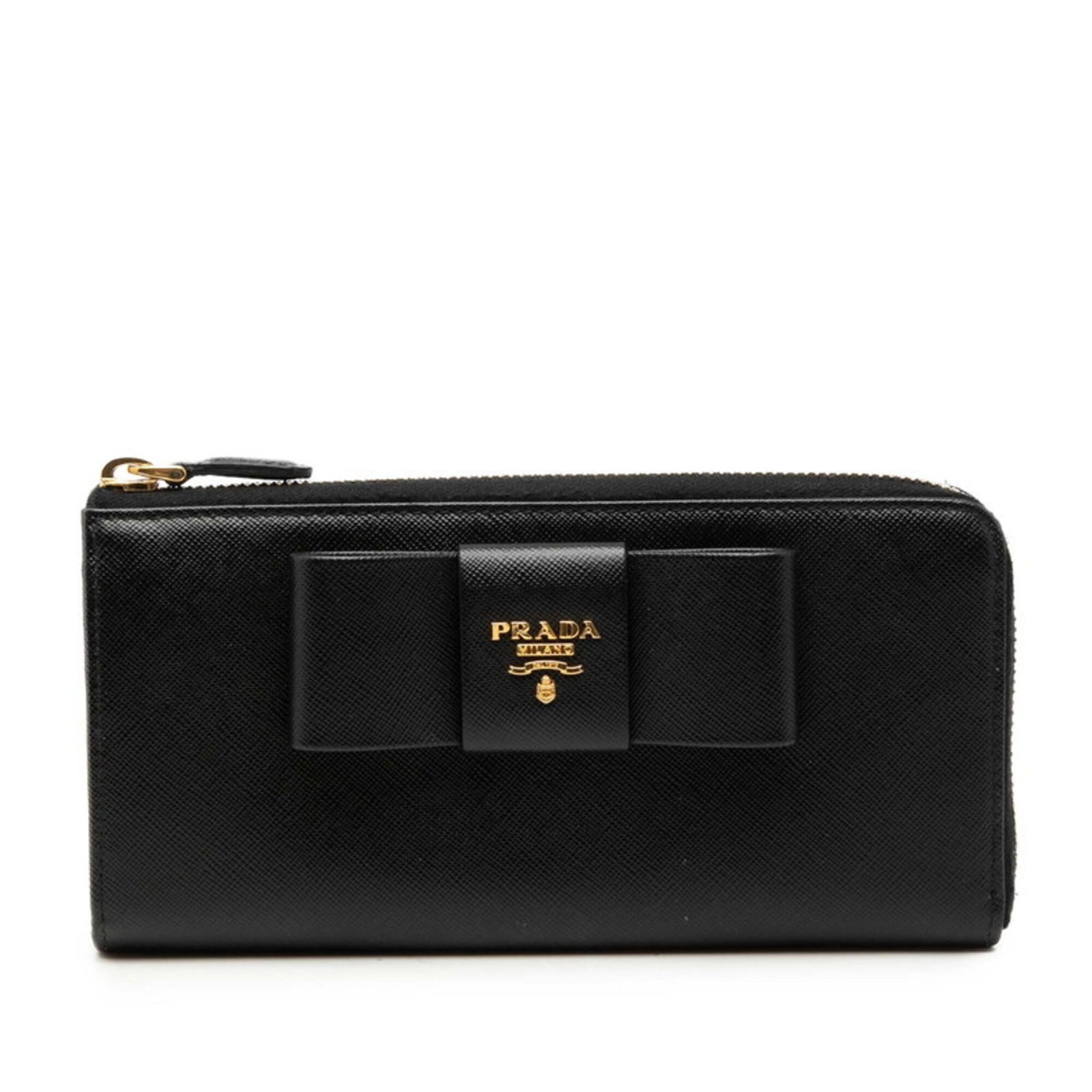 Prada Long Wallet (Bi-Fold) Leather: Prada Long Wallet (Bi-Fold) Leather The Prada Long Wallet in Saffiano leather boasts a sleek design with multiple functional pockets and compartments. Its black color and zipper closure add to its sop