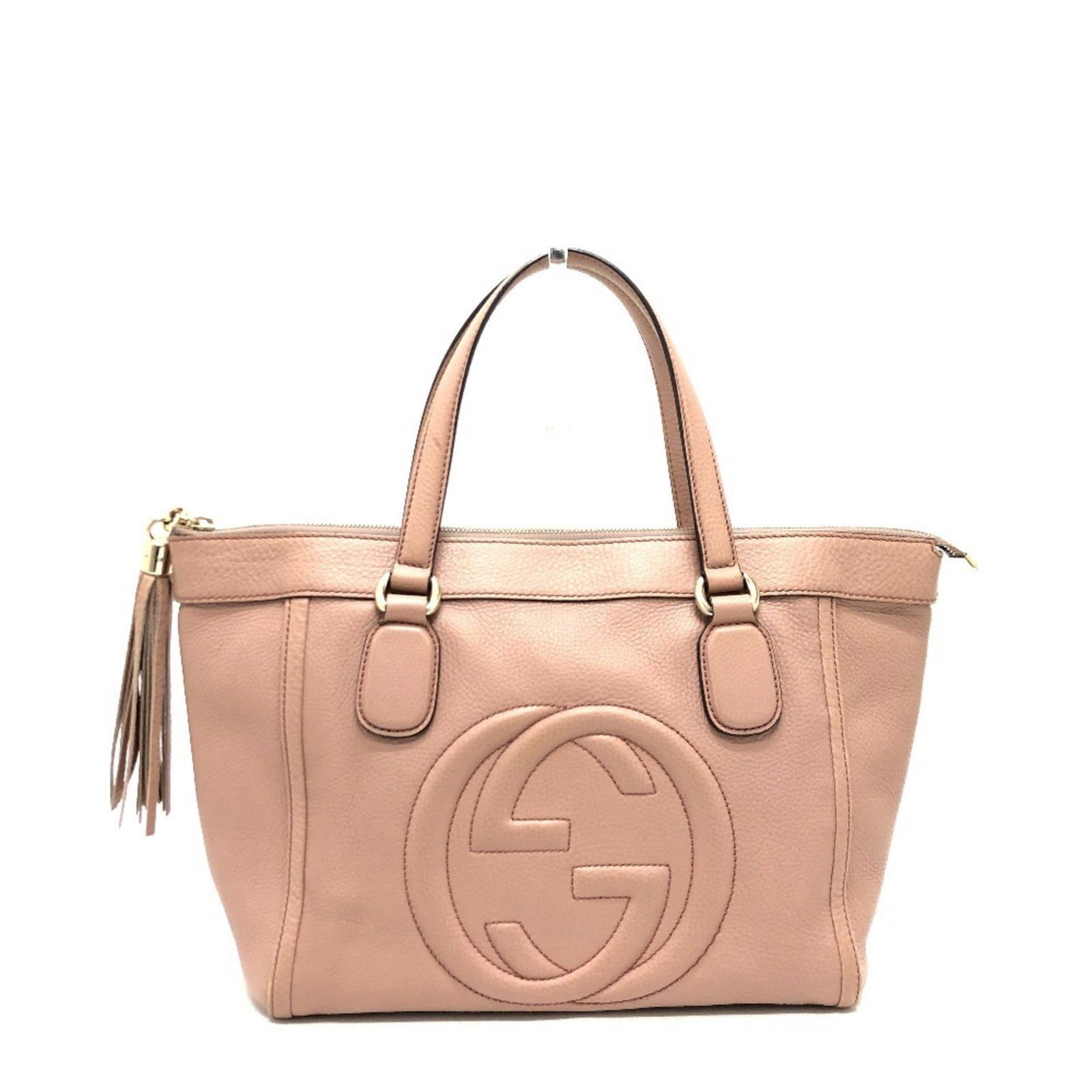 Gucci Handbag Leather: Gucci Handbag Leather Pink Beige Gucci Handbag Leather. This used handbag features high-quality leather with a pink beige color and gold hardware, showcasing a classic design. With some minor
