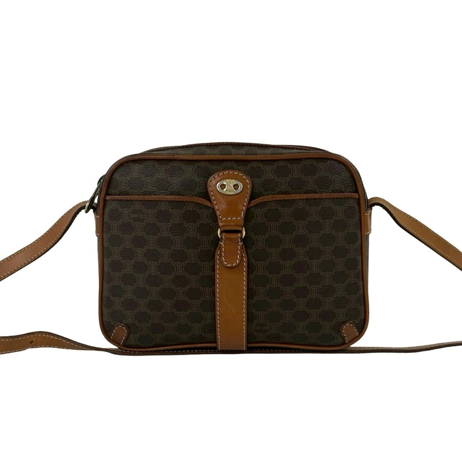 Celine Pochette Shoulder Bag Pvc Leather: Celine Pochette Shoulder Bag Pvc Leather Pvc leather and brown color give this Celine Pochette Shoulder Bag a sleek, modern look. With its compact size and shoulder strap, it's perfect for everyday