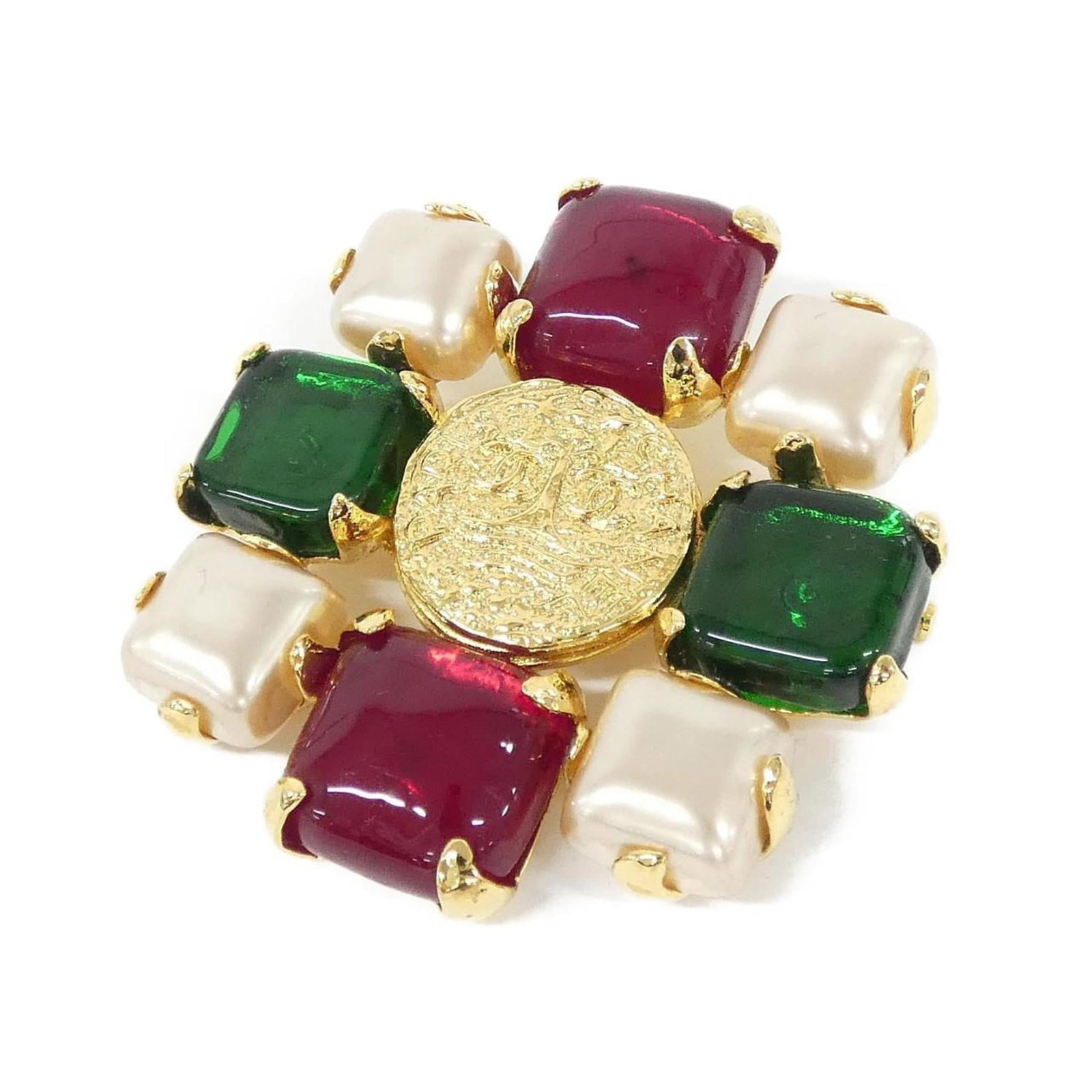 Chanel Brooch: Chanel Brooch This Chanel brooch boasts a striking green, red, and white color scheme, showcasing the iconic French fashion house's signature style. Measuring 6.5cm x 6cm, its compact size makes it a