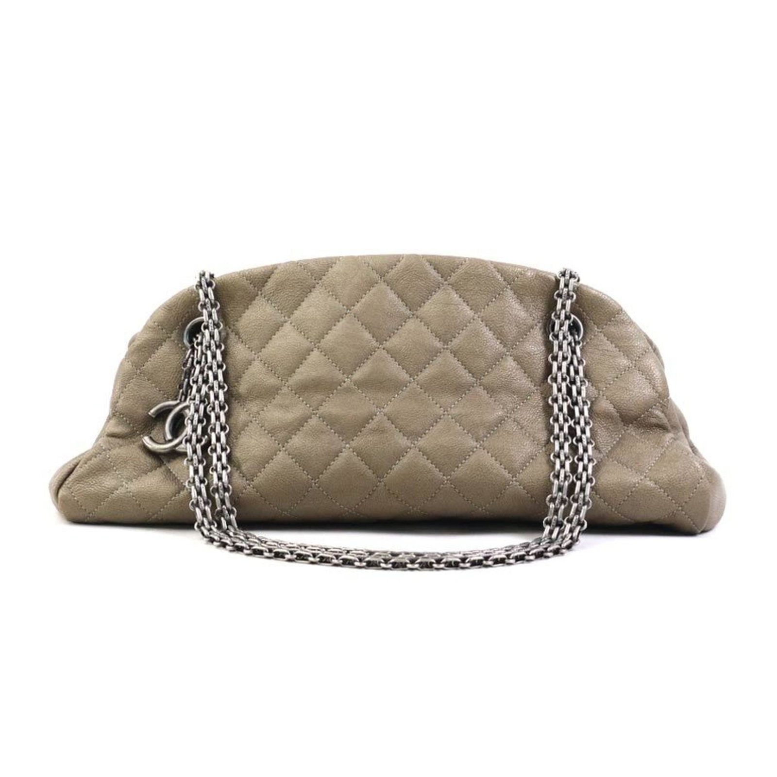 Chanel Handbag Leather: Chanel Handbag Leather Khaki Brown Chanel Handbag Leather for sale. This used handbag features high-quality leather and has a classic design with a khaki brown color. With its 13cm x 32.5cm x 16cm dim