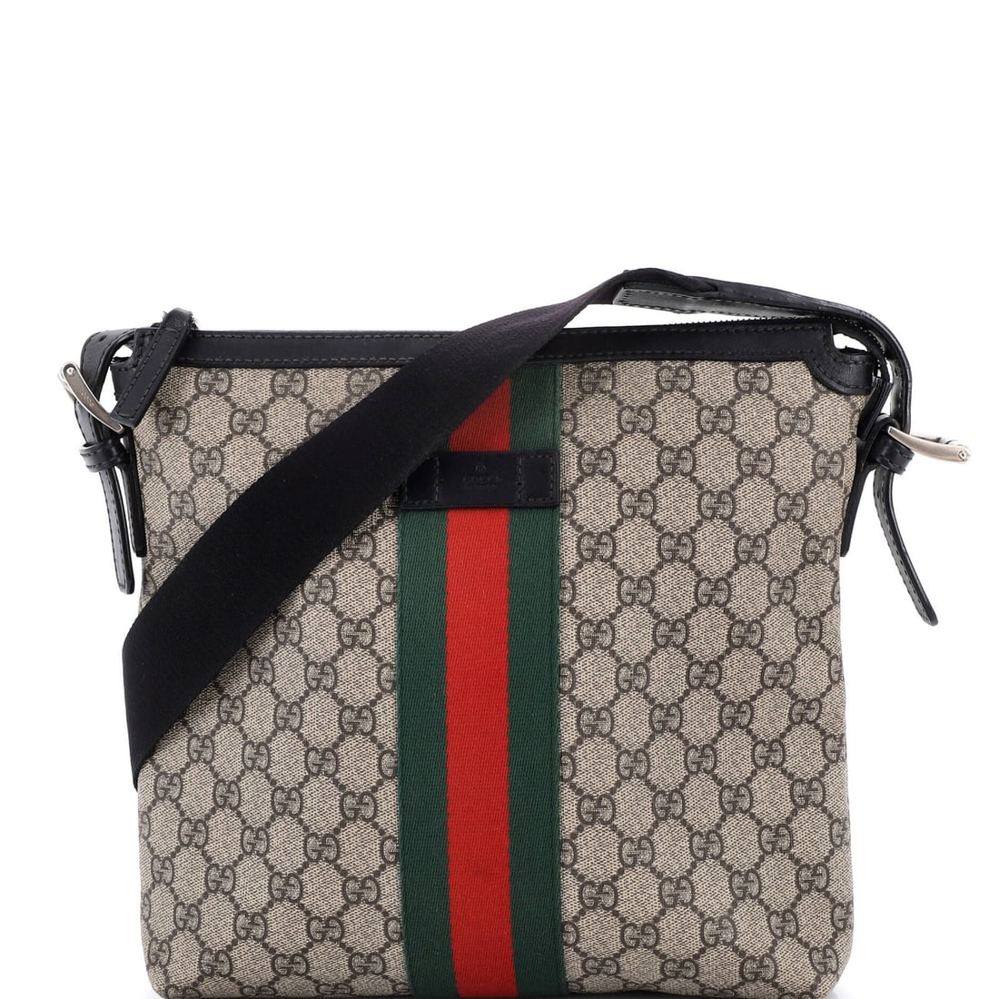 Gucci Coated Canvas Medium Bag GG Web Messenger: Gucci Coated Canvas Medium Bag GG Web Messenger The Gucci Coated Canvas Medium Bag GG Web Messenger boasts a sleek black exterior with subtle canvas coating, complemented by aged silver hardware. This