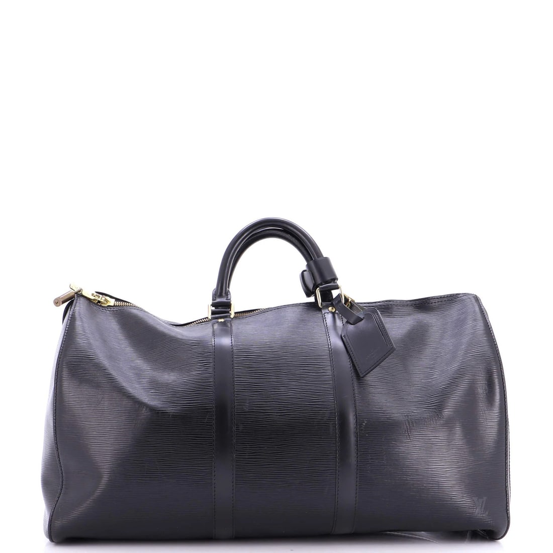 Vuitton Keepall Leather Epi 50: Vuitton Keepall Leather Epi 50 The Louis Vuitton Keepall Leather Epi 50 is a classic duffle bag with a rich history. Featuring heavy scuffs throughout and corner wear, this iconic black leather bag bo