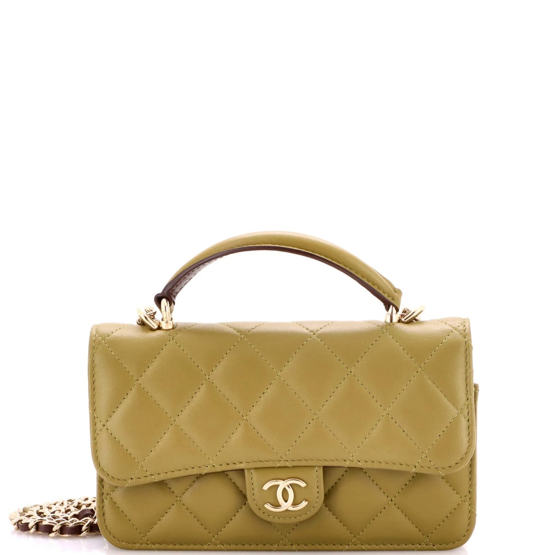 Chain flap quilted lambskin holder phone top handle classic Chanel: Chain flap quilted lambskin holder phone top handle classic Chanel Chain flap quilted lambskin adds a touch of classic elegance to this iconic cross body bag. The green leather exterior features a tim