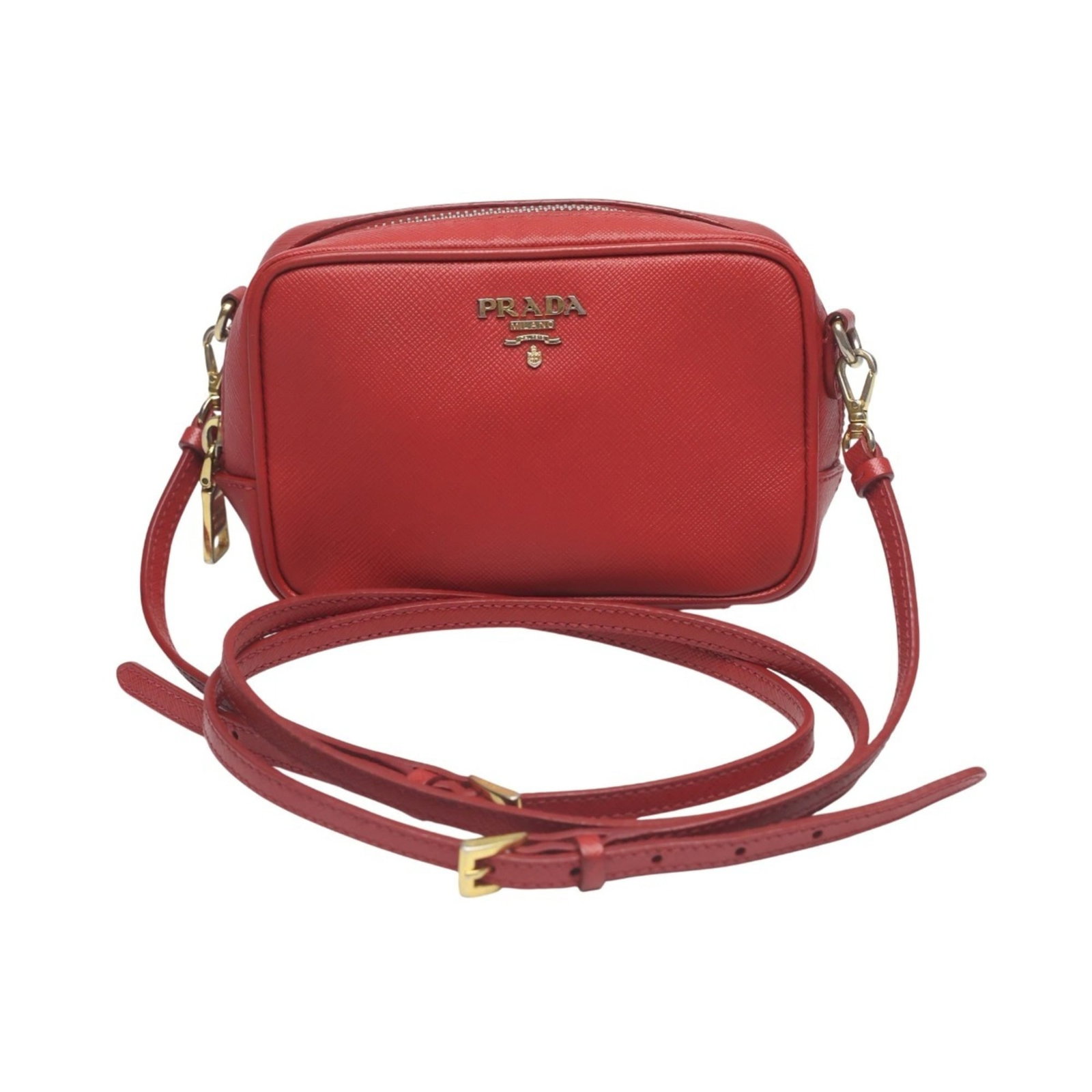 Prada Shoulder Bag Leather: Prada Shoulder Bag Leather Red Prada shoulder bag made from leather with traces of usage and minor scratches/dirt. The bag measures 10cm x 17.5cm x 5cm and is in used condition. Item Specifics: Brand: