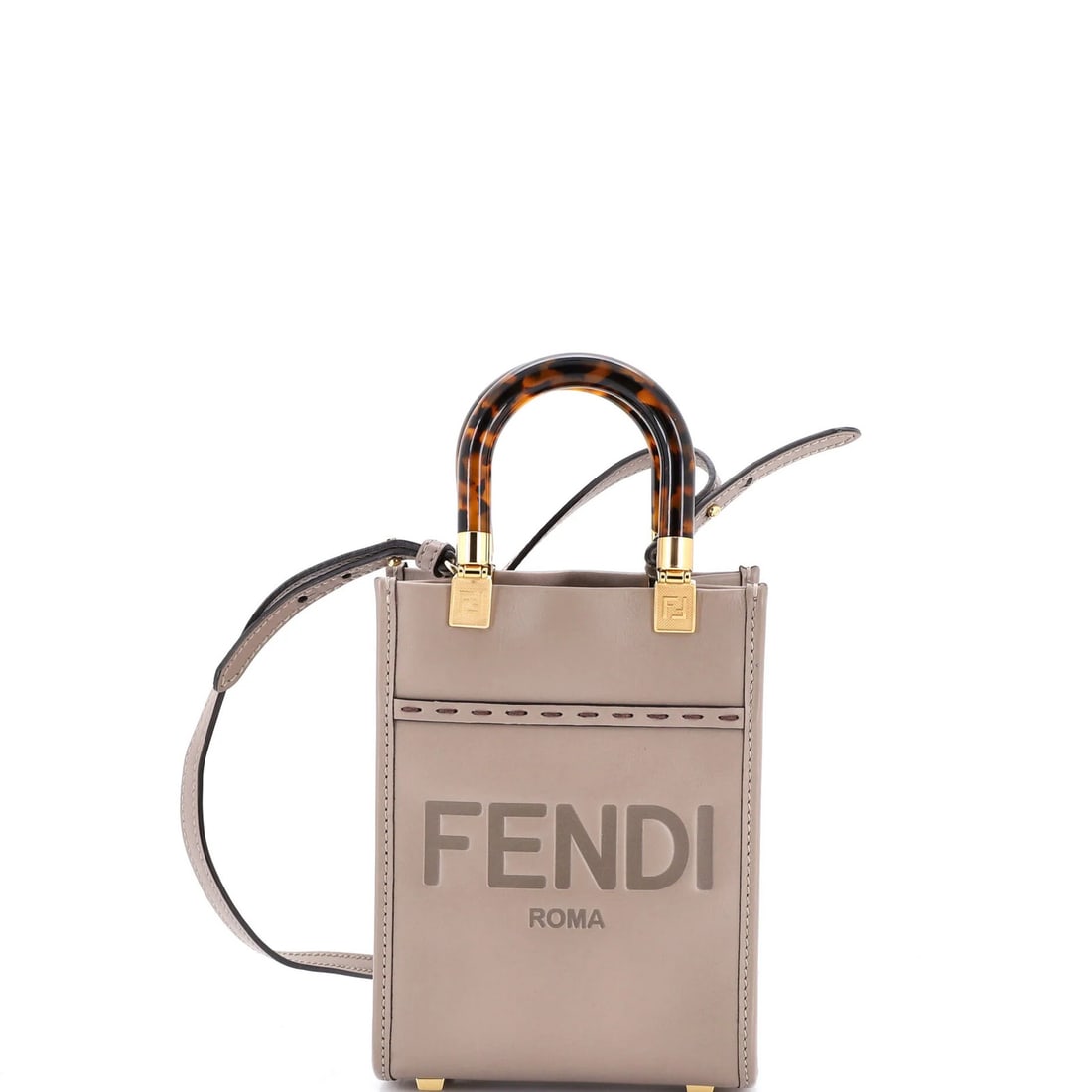 Mini Leather Tote Shopper Fendi Sunshine: Mini Leather Tote Shopper Fendi Sunshine The Fendi Sunshine Mini Leather Tote Shopper boasts a rich brown exterior crafted from high-quality leather, complemented by gold-toned hardware. This compact 